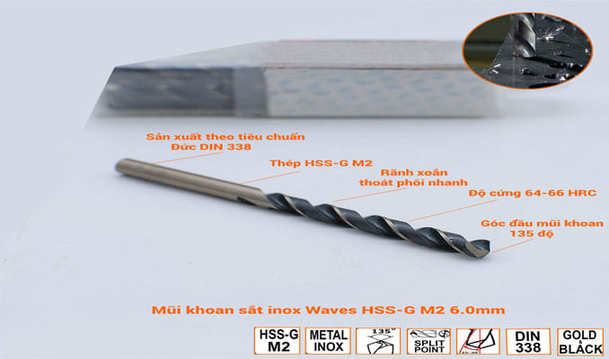 Mũi khoan sắt, inox Waves HSS-G M2 6.0mm phân phối bởi Công Cụ Tốt