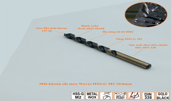 Thông số của mũi khoan Waves   HSS-G M2 10.0mm