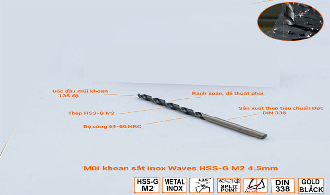 Thông số kỹ thuật mũi khoan sắt, inox Waves HSS-G M2 4.5mm