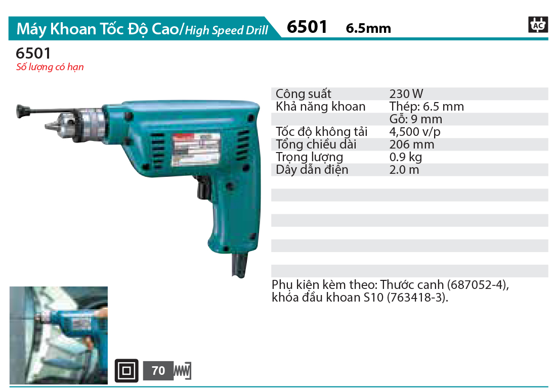 Thông số Máy khoan tốc độ cao 6,5mm 450W dùng điện Makita 6501