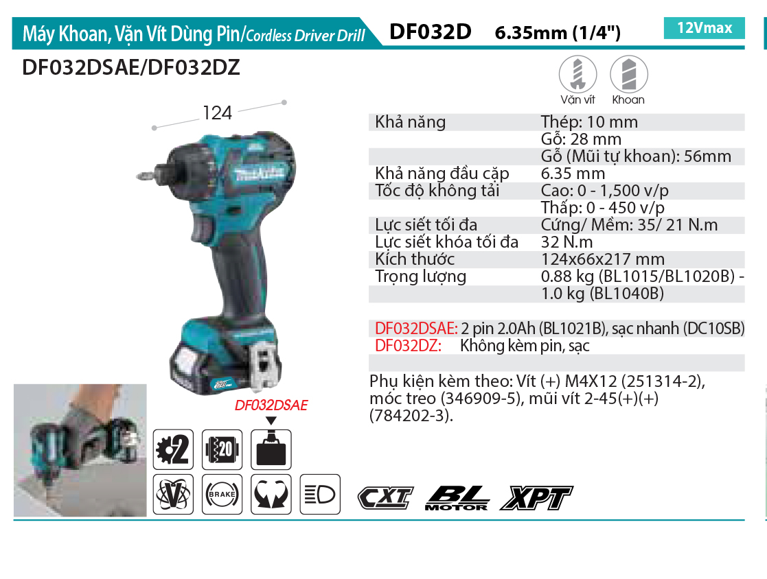 Thông số Máy khoan và vặn vít dùng Pin 12Vmax (BL) Makita DF032DSAE
