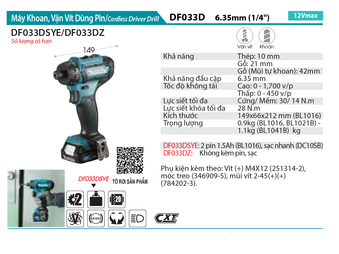 Thông số Máy khoan và vặn vít dùng Pin 12Vmax Makita DF033DSYE