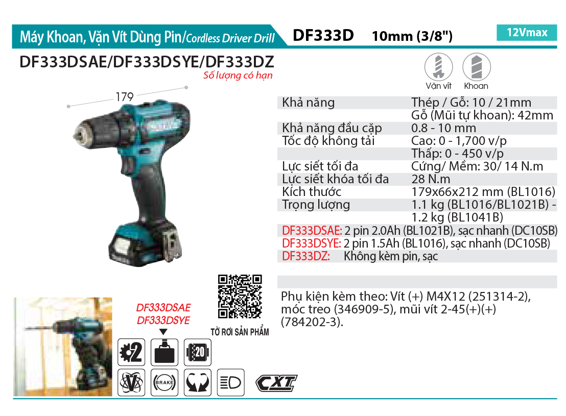 Thông số Máy khoan và vặn vít dùng Pin 12Vmax Makita DF333DSAE